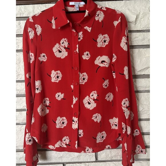 Derek Lam 10 Crosby 100%Silk Red Floral Print Long Sleeve Blouse Sz 2 BOHO Chic - Picture 1 of 10